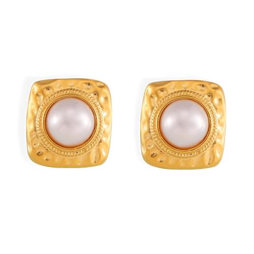 Titanium Steel Stud Earring, with Plastic Pearl, fashion jewelry & for woman, golden 