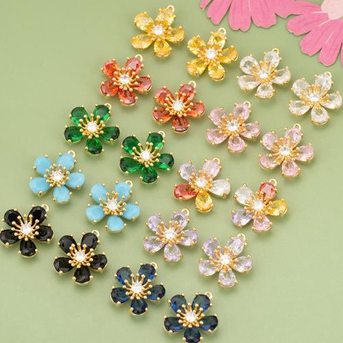 Cubic Zirconia Brass Pendants, with Cubic Zirconia, Flower, gold color plated, DIY 