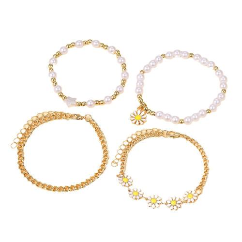 Moda pulseras de la aleación de Zinc, con Perlas plásticas, chapado en color dorado, 4 piezas & Joyería, dorado, Vendido por Set