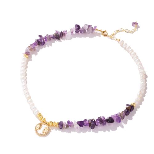 Chip Edelstein Süßwasser Perlen Halskette, Messing, mit Muschel & Natürliche kultivierte Süßwasserperlen & Amethyst, mit Verlängerungskettchen von 5cm, goldfarben plattiert, Modeschmuck & mit Strass, gemischte Farben, Länge:37 cm, verkauft von PC