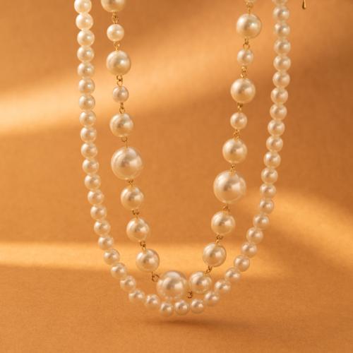 Collier de perles en plastique, fer, avec perle de plastique, Placage de couleur d'or, bijoux de mode, blanc, Vendu par PC