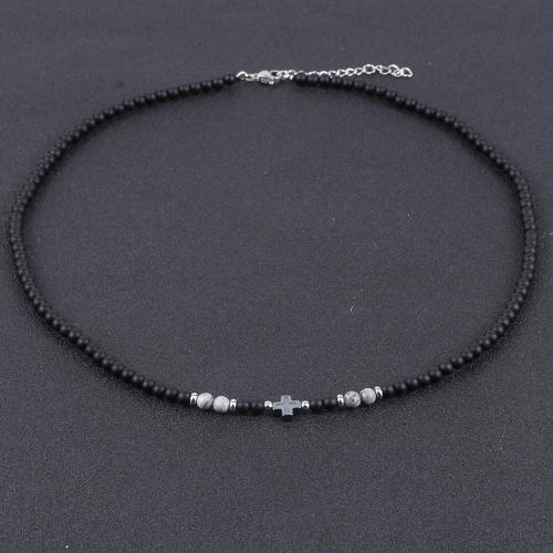 Gemstone Necklaces, Abrazine Stone, with Gemstone & Hematite & 304 Stainless Steel, with 5cm extender chain, polished, fashion jewelry & for man, black cm 