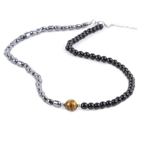 Gemstone Necklaces, Black Stone, with Tiger Eye & Hematite & 304 Stainless Steel, with 5cm extender chain, fashion jewelry & for man cm 