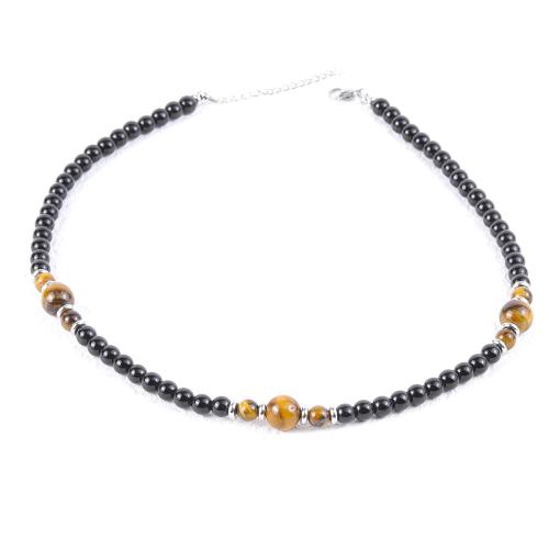 Gemstone Necklaces, Natural Stone, with Tiger Eye & 304 Stainless Steel, with 5cm extender chain, polished, fashion jewelry & for man, black cm 