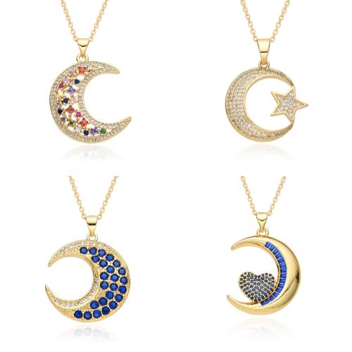 Cubic Zircon Micro Pave Brass Necklace, Moon, plated & micro pave cubic zirconia & for woman & enamel, golden Approx 41-50 cm 