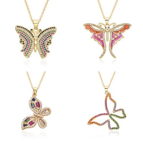 Cubic Zircon Micro Pave Brass Necklace, Butterfly, plated & micro pave cubic zirconia & for woman & enamel, golden Approx 41-50 cm 