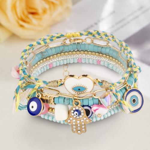 Evil Eye Jewelry Bracelet, Zinc Alloy, with Cotton Thread & Seedbead & turquoise & Crystal, handmade, 6 pieces & micro pave cubic zirconia & for woman & enamel, mixed colors [