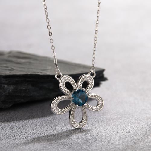 Argent sterling 925 collier, avec Topaze, avec 6cm chaînes de rallonge, fleur, Plaqué de platine, pour femme & avec strass & creux Environ 41 cm, Vendu par PC