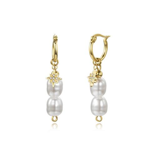 Boucles d'oreilles en acier titane, avec Shell Pearl, bijoux de mode & pour femme, doré, Ear ring wire diameter 2.5mm, outer diameter 17.3mm pendant accessories 9*8*1.5mm, Vendu par paire