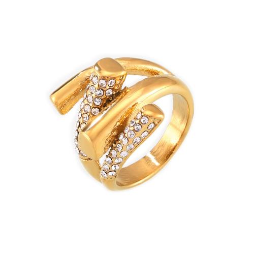 Titanium Steel Finger Ring & for woman & with rhinestone, gold 