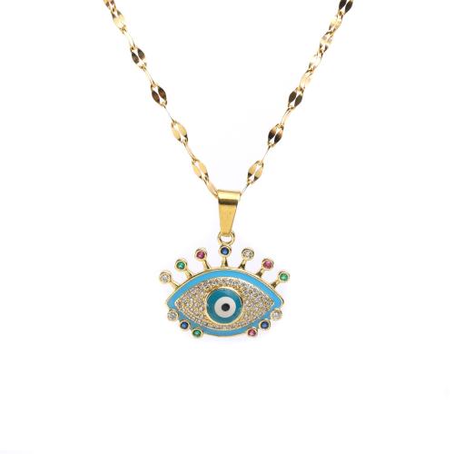 Evil Eye Jewelry Necklace, Brass, with 304 Stainless Steel Chain & Cubic Zirconia & Crystal, with 5cm extender chain, 18K gold plated, fashion jewelry & for woman cm [