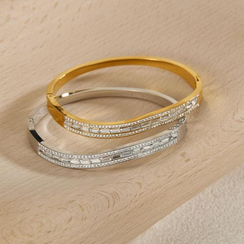 Stainless Steel Bangle, 304 Stainless Steel, with Cubic Zirconia, Round, Vacuum Ion Plating, for woman [