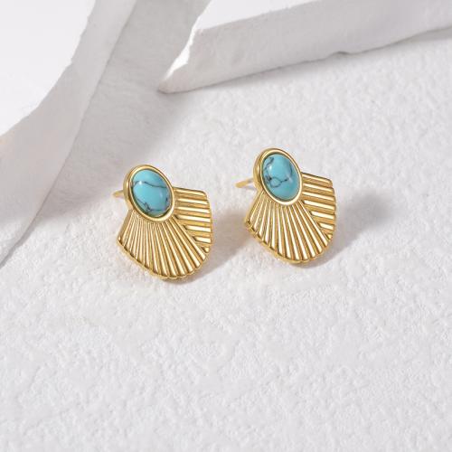 Boucles d'oreilles en acier titane, avec turquoise, bijoux de mode & pour femme, doré Vendu par paire