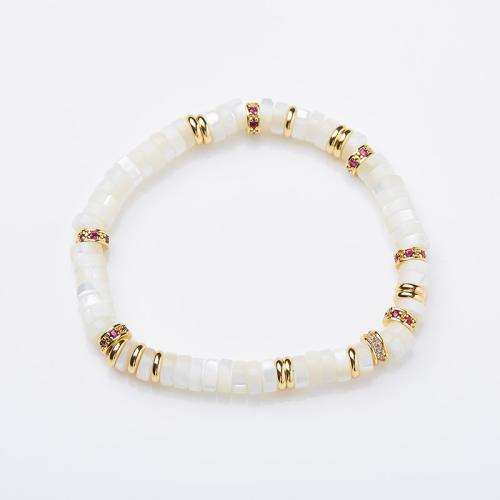 Bracelet à naturelle coque Blanc, Lèvre blanche, avec laiton, fait à la main, bijoux de mode & pour femme & avec strass Environ 14-16 cm, Vendu par PC[