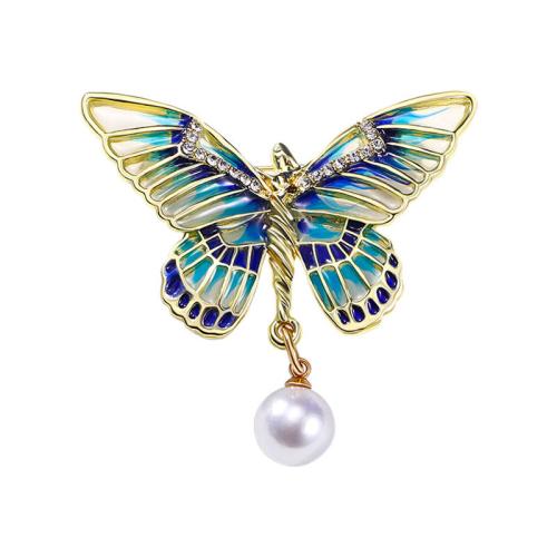 Enamel Brooch, Zinc Alloy, with Plastic Pearl, Butterfly, for woman & with rhinestone 