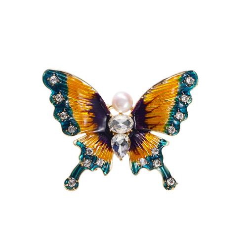 Enamel Brooch, Zinc Alloy, with Plastic Pearl, Butterfly, for woman & with rhinestone 