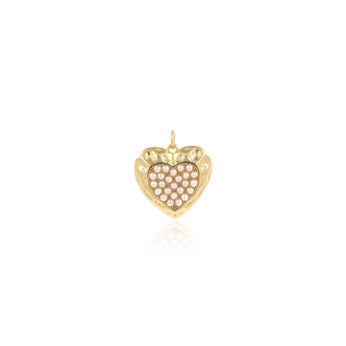 Brass Heart Pendants, with Plastic Pearl, gold color plated, DIY 