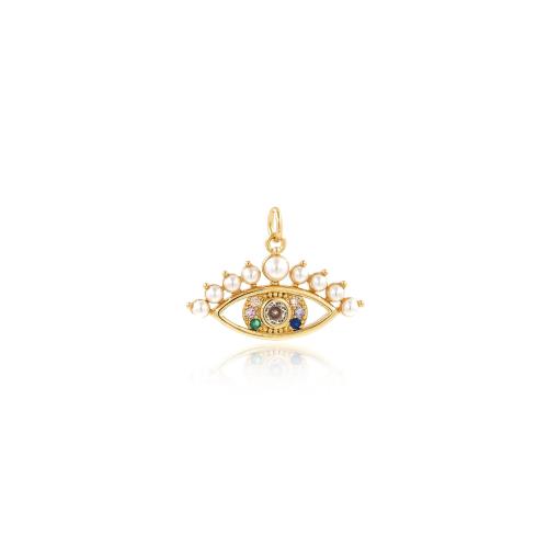 Cubic Zirconia Micro Pave Brass Pendant, with Plastic Pearl, Evil Eye, gold color plated, DIY & micro pave cubic zirconia 