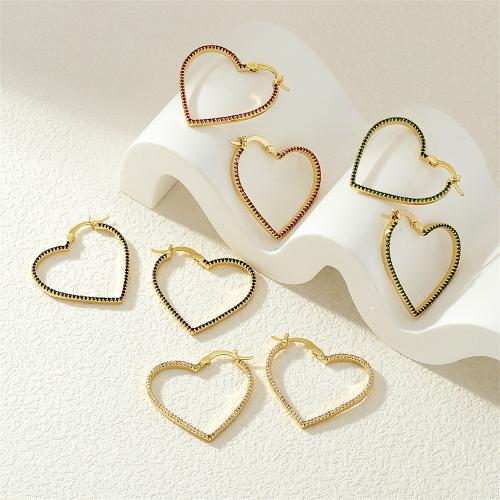 Cubic Zirconia Micro Pave Brass Earring, Heart, gold color plated, micro pave cubic zirconia & for woman 