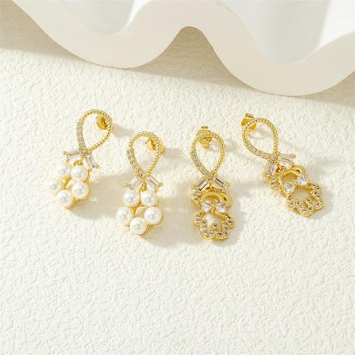 Cubic Zirconia Micro Pave Brass Earring, with Plastic Pearl, gold color plated & micro pave cubic zirconia & for woman 