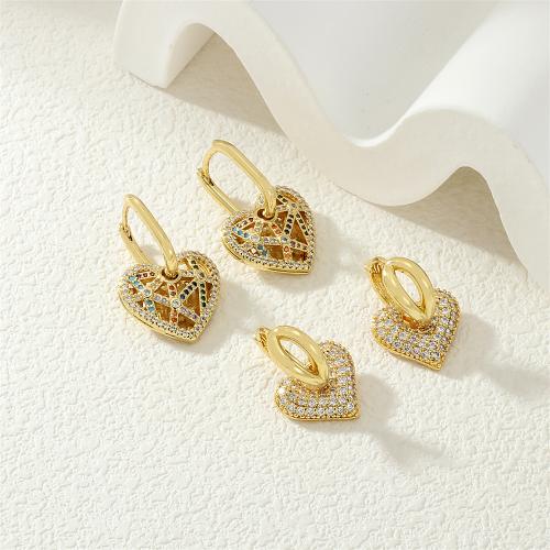 Cubic Zirconia Micro Pave Brass Earring, Heart, gold color plated & micro pave cubic zirconia & for woman 