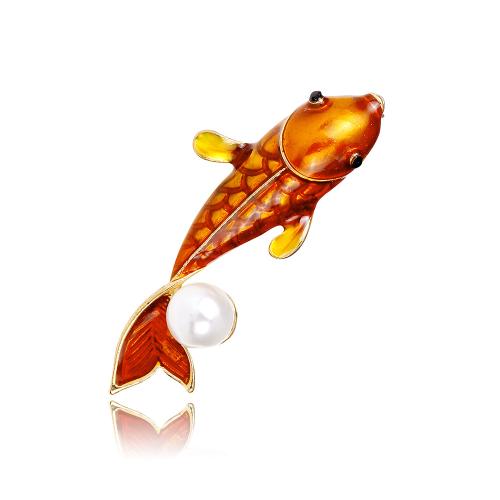 Enamel Brooch, Zinc Alloy, with Plastic Pearl, Fish, plated, micro pave cubic zirconia & for woman, golden 