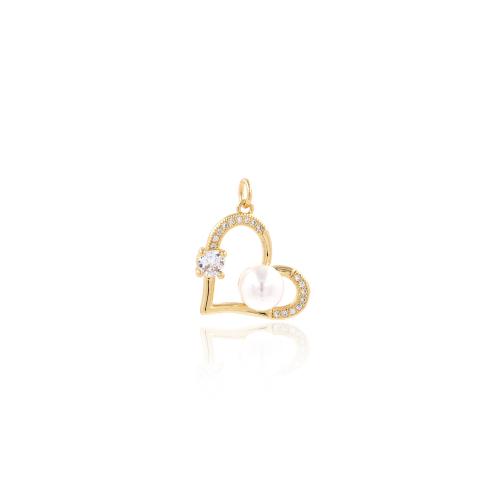 Cubic Zirconia Micro Pave Brass Pendant, with Plastic Pearl, Heart, gold color plated, DIY & micro pave cubic zirconia [