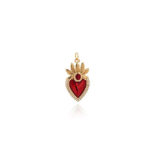 Cubic Zirconia Micro Pave Brass Pendant, Heart, gold color plated, DIY & micro pave cubic zirconia, red 