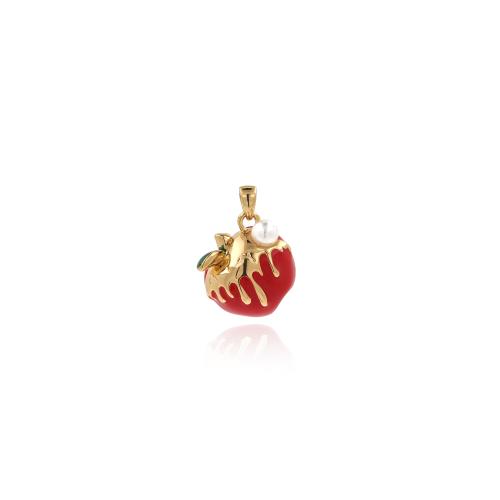 Enamel Brass Pendants, with Plastic Pearl, Apple, gold color plated, DIY, red 