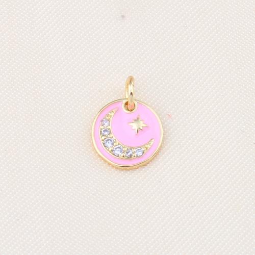 Cubic Zirconia Micro Pave Brass Pendant, Round, gold color plated, DIY & micro pave cubic zirconia & enamel, pink 