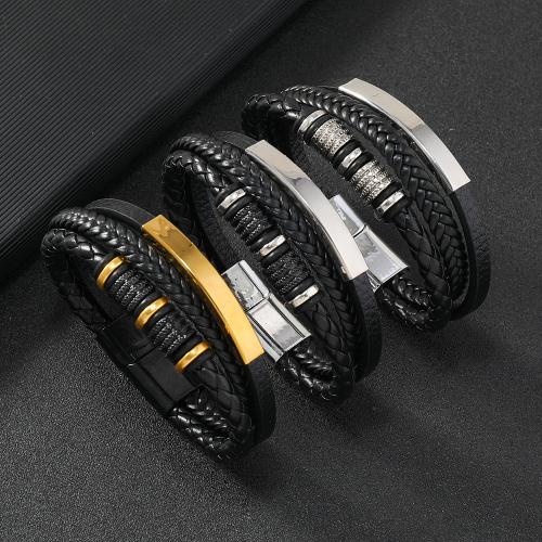 bracelet de cordon en PU , cuir PU, avec Acier inoxydable 304 & alliage de zinc, fait à la main, trois couches & longueur différente pour le choix & styles différents pour le choix & pour homme, noire, Vendu par PC