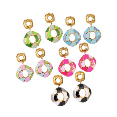 Stainless Steel Drop Earring, 304 Stainless Steel, gold color plated, for woman & enamel & hollow 