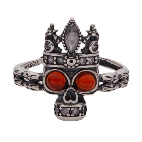 Plata de ley 925 Anillo de dedo Cuff, con Ágata roja, Calavera, Vintage & para mujer & con diamantes de imitación, Vendido por UD