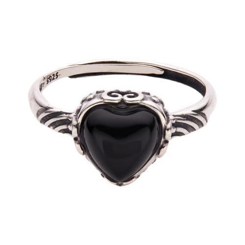 Plata de ley 925 Anillo de dedo Cuff, con Ágata negra, Corazón, Vintage & para mujer, tamaño:6-8, Vendido por UD