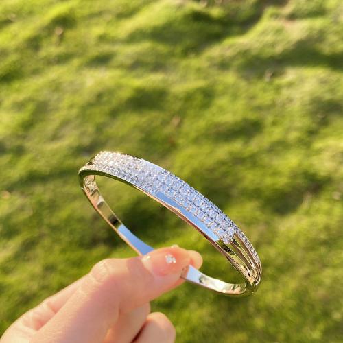 Brass Cuff Bangle, fashion jewelry & for woman & with rhinestone, silver color, Inner Approx 58mm 