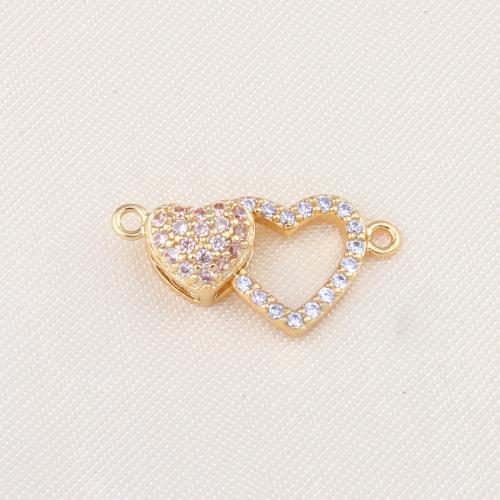 Cubic Zirconia Micro Pave Brass Connector, Heart, gold color plated, DIY & micro pave cubic zirconia & 1/1 loop 