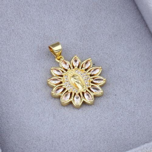 Cubic Zirconia Micro Pave Brass Pendant, Flower, gold color plated, DIY & micro pave cubic zirconia 