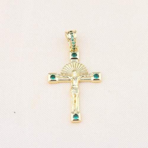 Cubic Zirconia Micro Pave Brass Pendant, Cross, gold color plated, DIY & micro pave cubic zirconia, green 