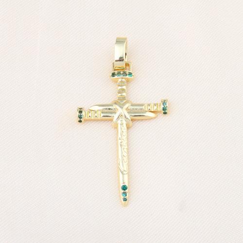 Cubic Zirconia Micro Pave Brass Pendant, Cross, gold color plated, DIY & micro pave cubic zirconia, green 