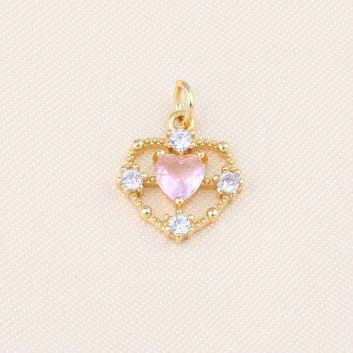 Cubic Zirconia Micro Pave Brass Pendant, Heart, gold color plated, DIY & micro pave cubic zirconia, pink 