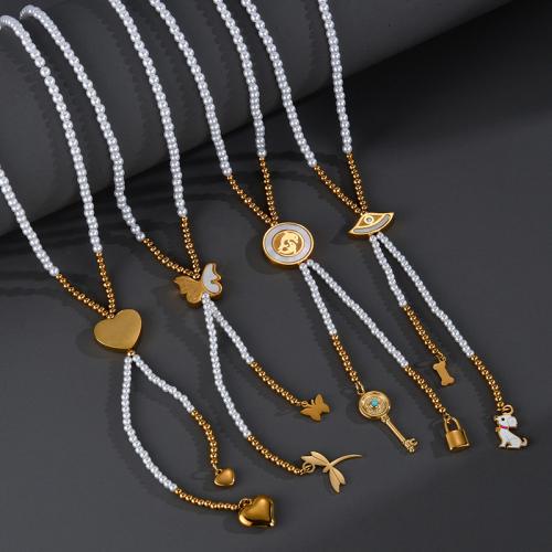 Collier de perles en plastique, Acier inoxydable 304, avec perle de plastique, avec 5cm chaînes de rallonge, Placage de couleur d'or, bijoux de mode & styles différents pour le choix & pour femme cm, Vendu par PC