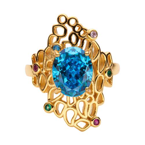 925 Sterling Silver Cuff Finger Ring, Flower, gold color plated, for woman & faceted & with rhinestone & hollow US Ring 