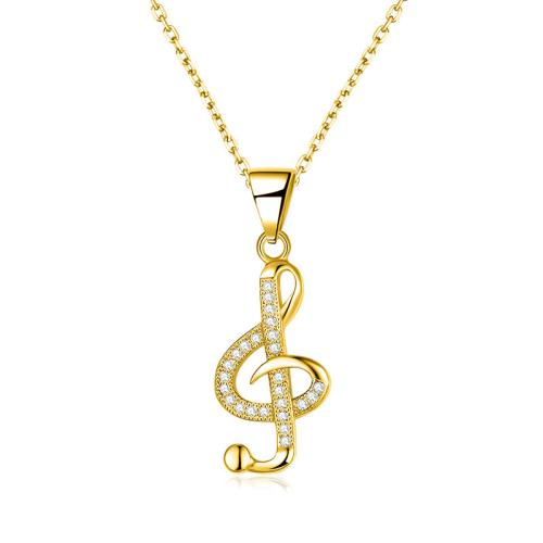 925 Sterling Silver Necklace, with 2inch extender chain, Music Note, micro pave cubic zirconia & for woman & hollow Approx 17.3 Inch [