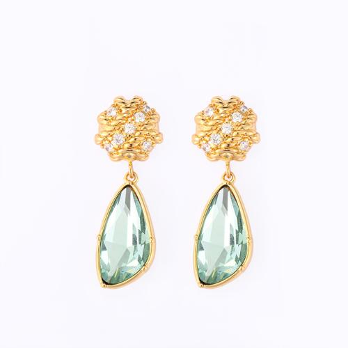 Brass Drop Earring, with Glass, Geometrical Pattern, 18K gold plated, for woman & with rhinestone 