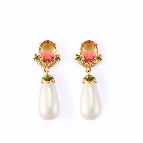 metal Pendientes con Colgantes, con Shell Pearl & Vidrio, 18K chapado en oro, para mujer & esmalte & con diamantes de imitación, 37x14mm, Vendido por Par[