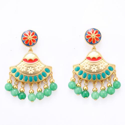 Brass Tassel Earring, with Natural Stone, 18K gold plated, with flower pattern & for woman & enamel 