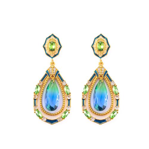 Brass Drop Earring, with Glass, Teardrop, 18K gold plated, for woman & enamel & with rhinestone & hollow 