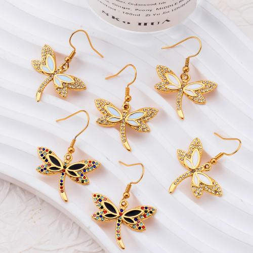 Stainless Steel Drop Earring, 304 Stainless Steel, Dragonfly, 18K gold plated, fashion jewelry & micro pave cubic zirconia & for woman 