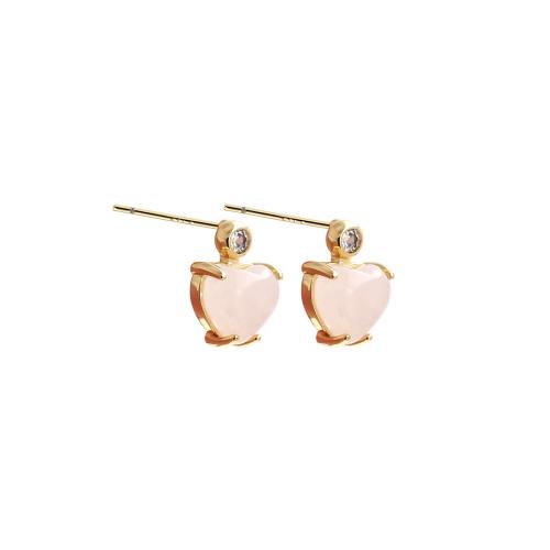 Boucles d'oreilles en laiton zircon cubique, avec zircon cubique & quartz rose, coeur, Placage de couleur d'or, bijoux de mode & pour femme Vendu par paire[