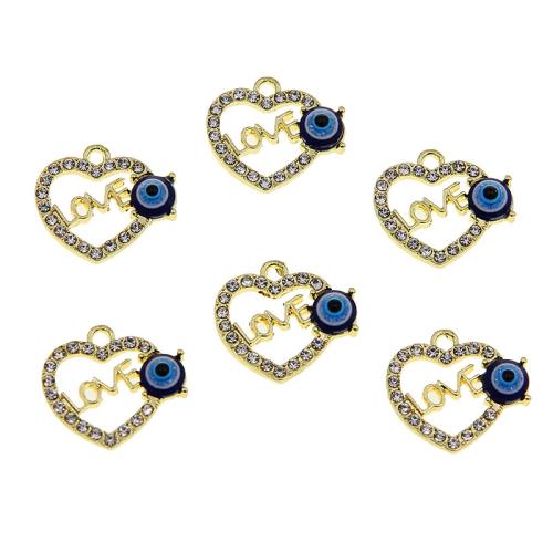 Zinc Alloy Evil Eye Pendant, Heart, gold color plated, DIY & evil eye pattern & enamel & with rhinestone, blue [